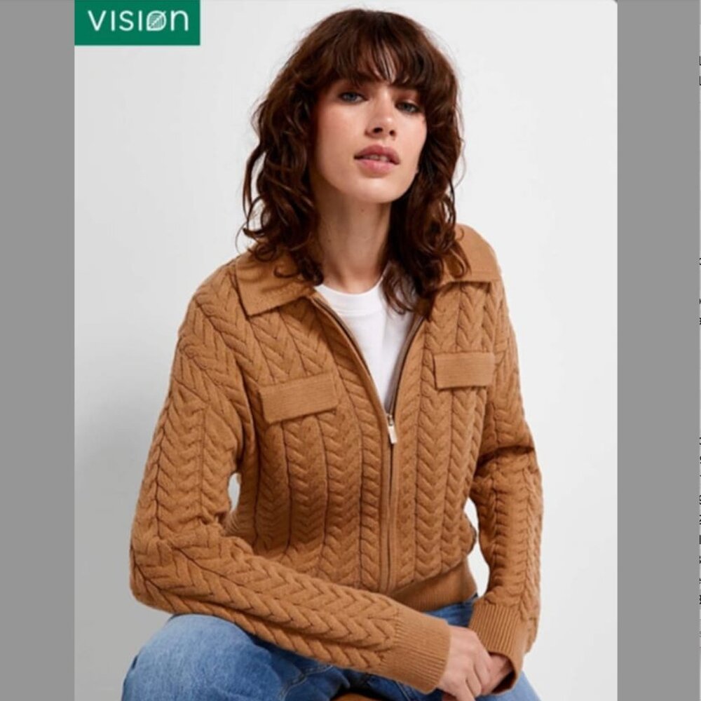 NWT Braided Cable-Knit Zippered Cardigan | SIMONS Contemporary | Vision
